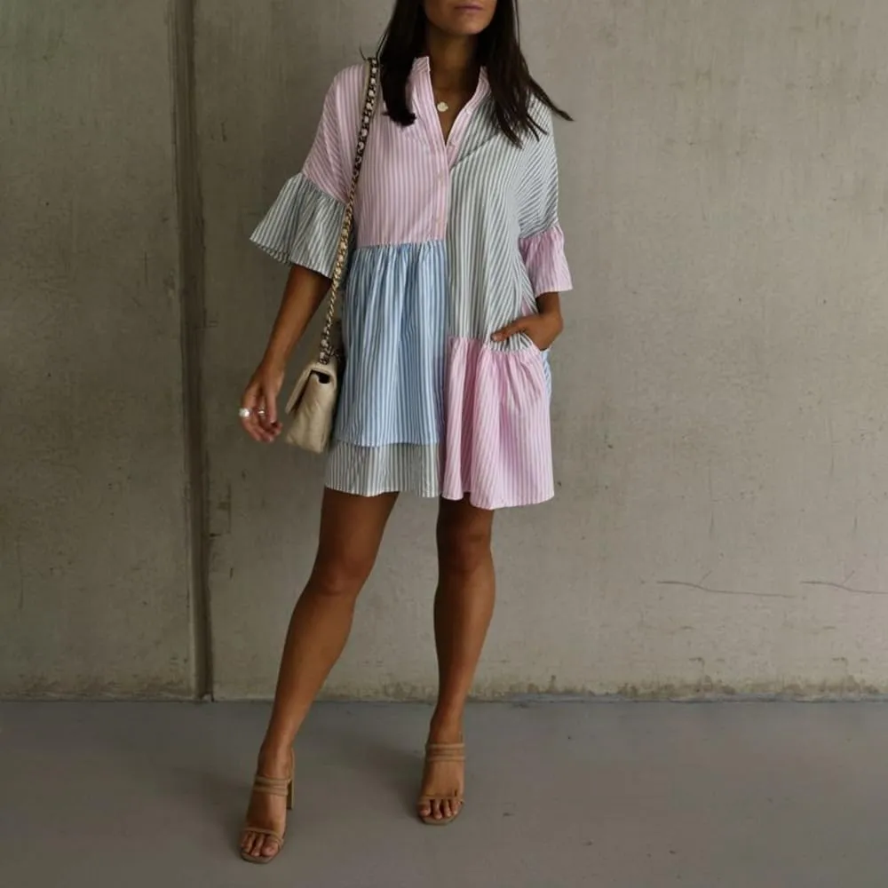 chouyatou Women Summer Color Block Flutter Sleeve Shirt Dress Button Down Striped Midi Dress with Pockets