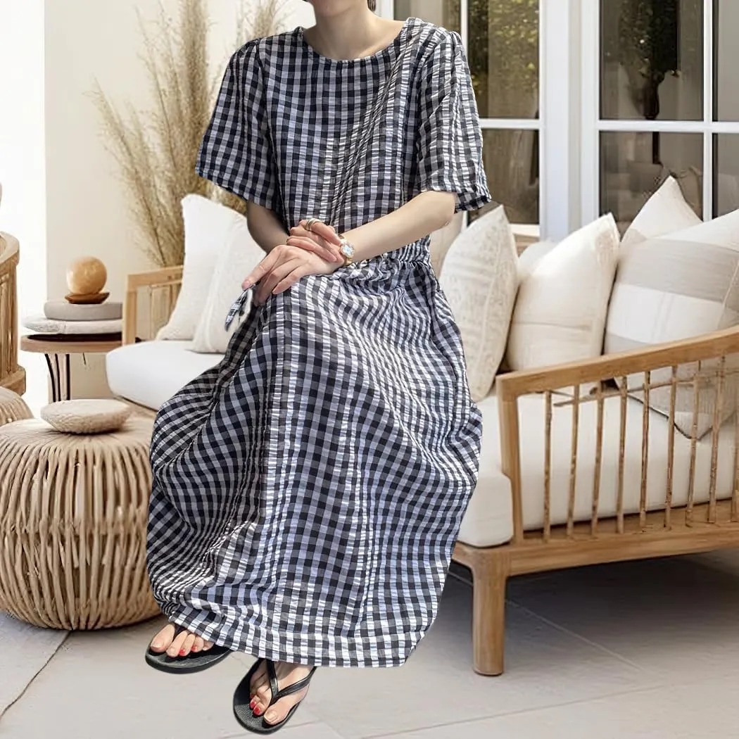 chouyatou Women Summer Gingham Adjustable Drawstring Short Sleeve Cotton Dress Plaid Printed Midi Dress