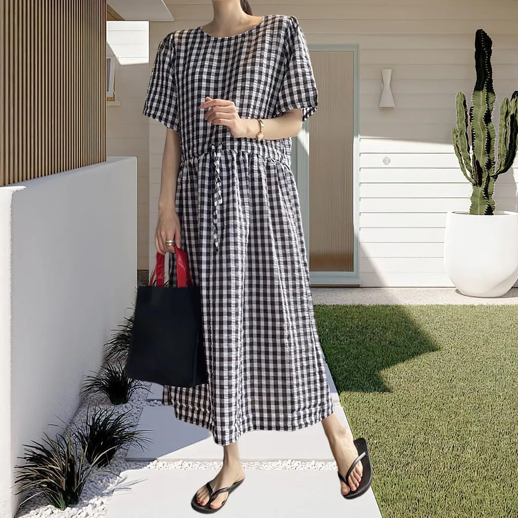 chouyatou Women Summer Gingham Adjustable Drawstring Short Sleeve Cotton Dress Plaid Printed Midi Dress
