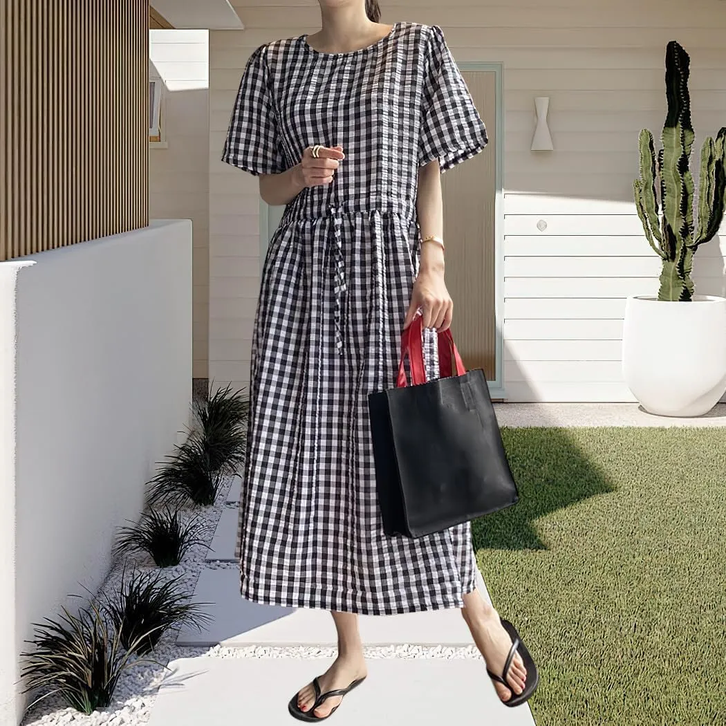 chouyatou Women Summer Gingham Adjustable Drawstring Short Sleeve Cotton Dress Plaid Printed Midi Dress