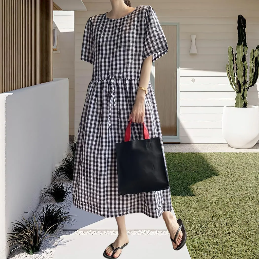 chouyatou Women Summer Gingham Adjustable Drawstring Short Sleeve Cotton Dress Plaid Printed Midi Dress