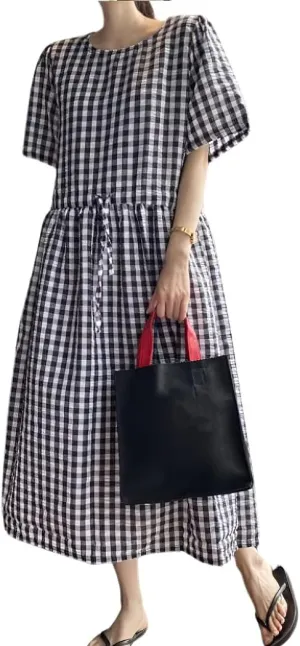 chouyatou Women Summer Gingham Adjustable Drawstring Short Sleeve Cotton Dress Plaid Printed Midi Dress