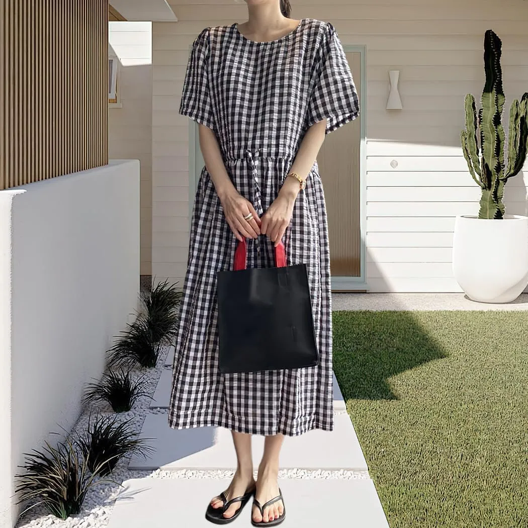 chouyatou Women Summer Gingham Adjustable Drawstring Short Sleeve Cotton Dress Plaid Printed Midi Dress