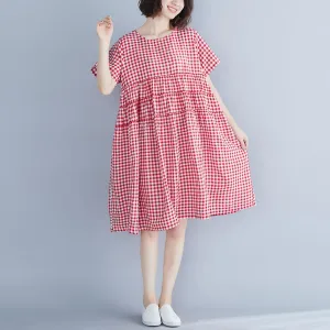 chouyatou Women Summer Gingham Loose Fit Cotton Linen Babydoll Dress Plaid Tiered Midi Dress with Pockets