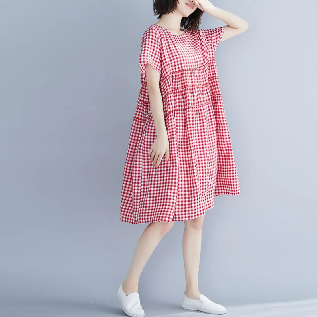 chouyatou Women Summer Gingham Loose Fit Cotton Linen Babydoll Dress Plaid Tiered Midi Dress with Pockets