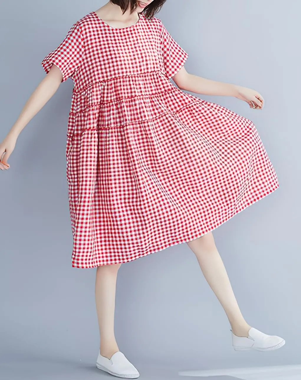 chouyatou Women Summer Gingham Loose Fit Cotton Linen Babydoll Dress Plaid Tiered Midi Dress with Pockets