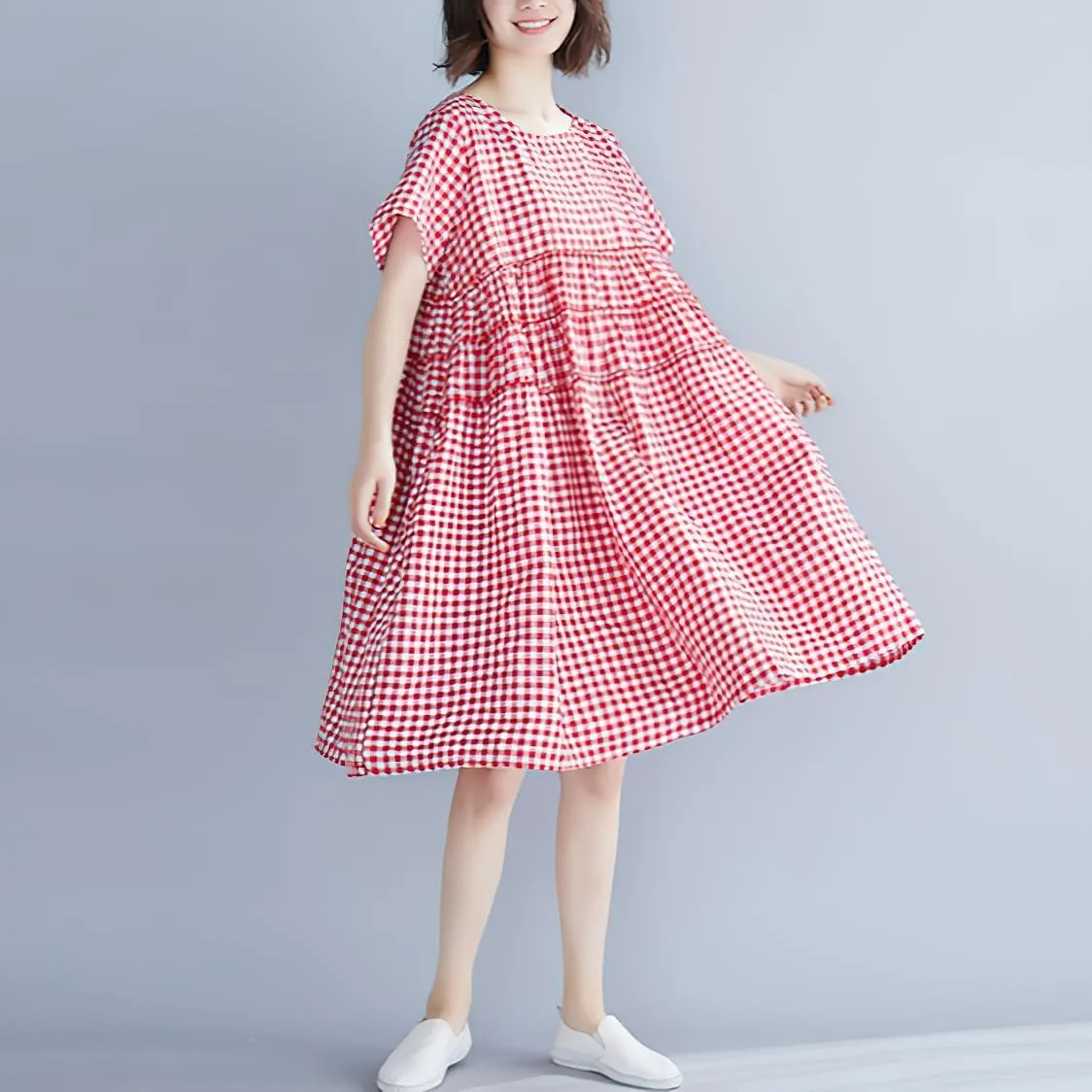 chouyatou Women Summer Gingham Loose Fit Cotton Linen Babydoll Dress Plaid Tiered Midi Dress with Pockets