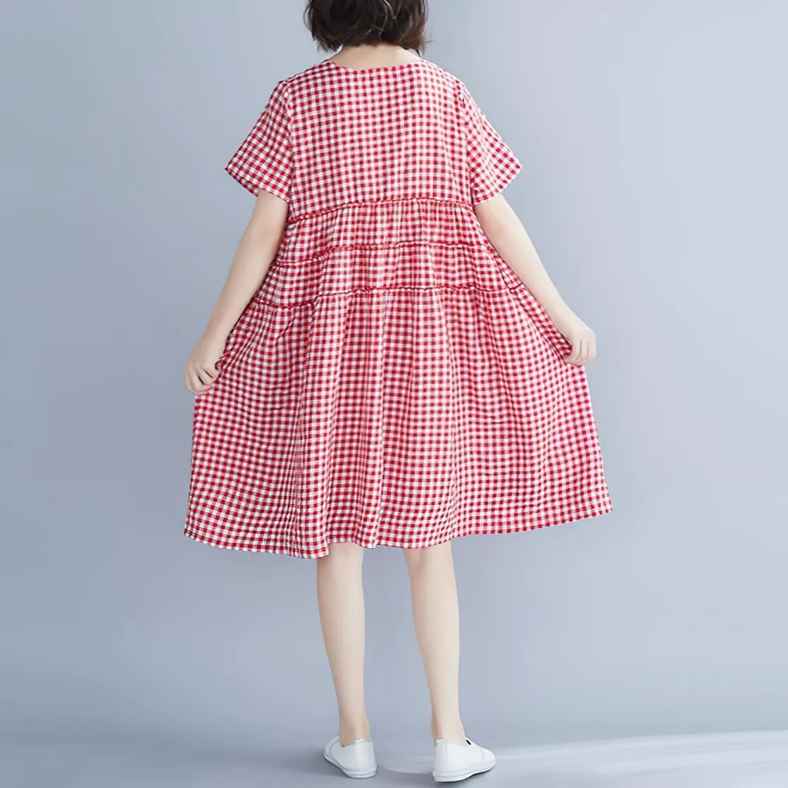 chouyatou Women Summer Gingham Loose Fit Cotton Linen Babydoll Dress Plaid Tiered Midi Dress with Pockets