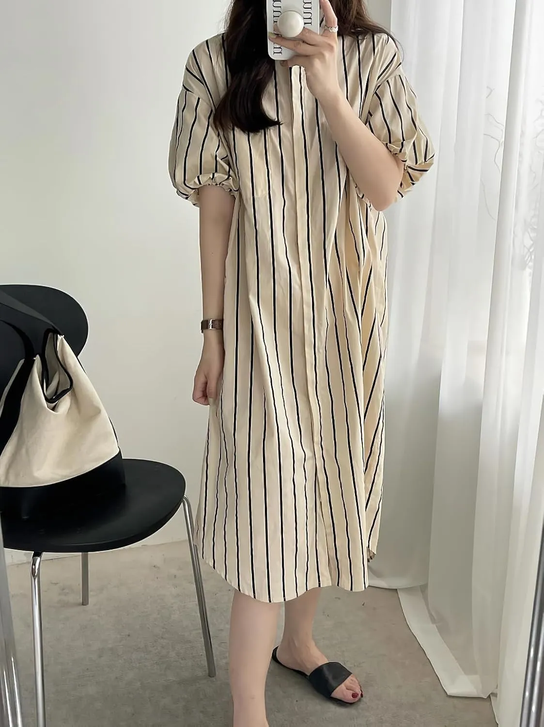chouyatou Women Summer Puff Sleeve Cotton Dress Striped Printed Elegant Business Casual Midi Shirt Dress