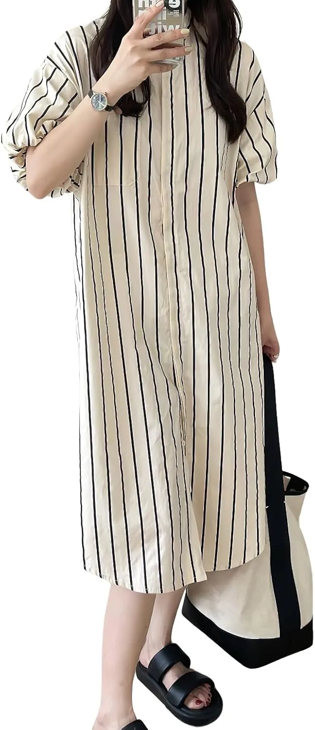 chouyatou Women Summer Puff Sleeve Cotton Dress Striped Printed Elegant Business Casual Midi Shirt Dress