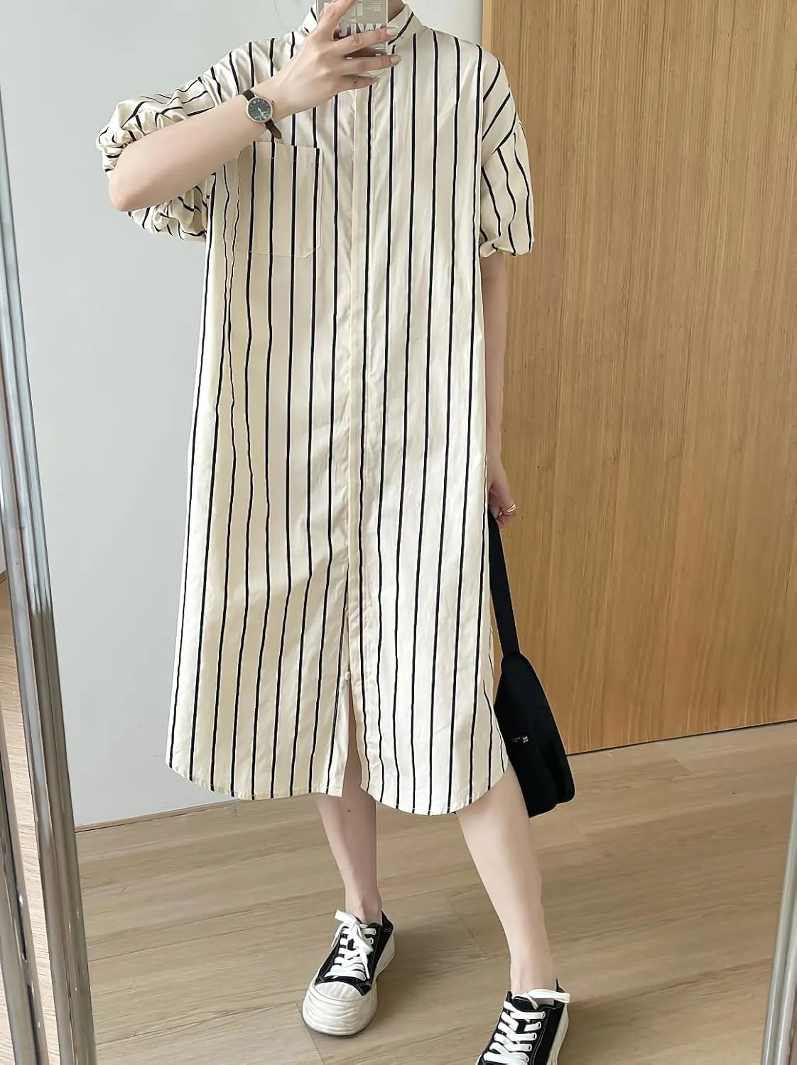 chouyatou Women Summer Puff Sleeve Cotton Dress Striped Printed Elegant Business Casual Midi Shirt Dress