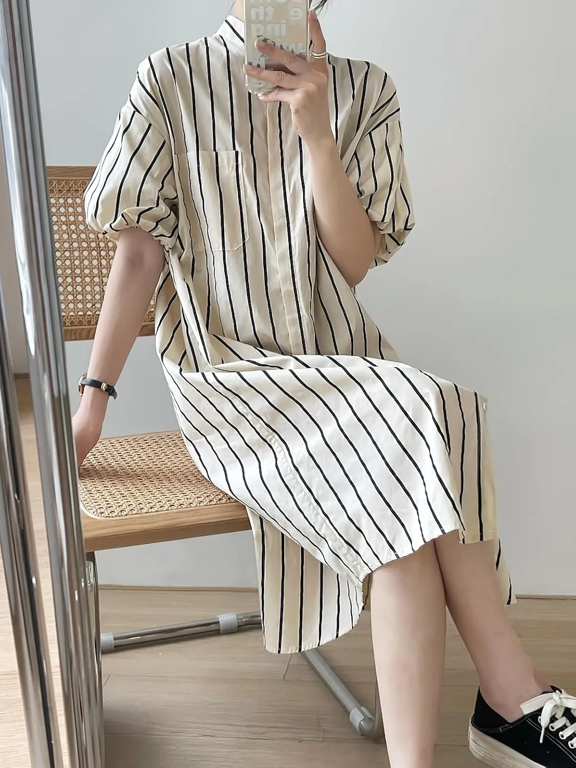 chouyatou Women Summer Puff Sleeve Cotton Dress Striped Printed Elegant Business Casual Midi Shirt Dress