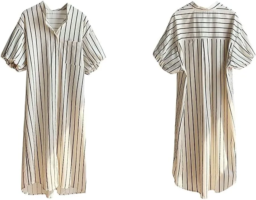 chouyatou Women Summer Puff Sleeve Cotton Dress Striped Printed Elegant Business Casual Midi Shirt Dress