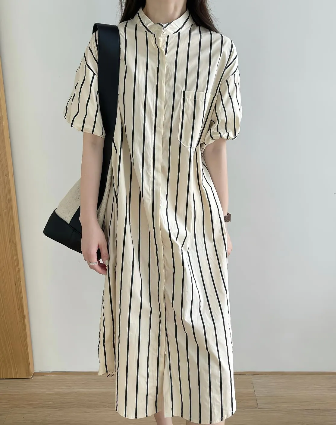 chouyatou Women Summer Puff Sleeve Cotton Dress Striped Printed Elegant Business Casual Midi Shirt Dress