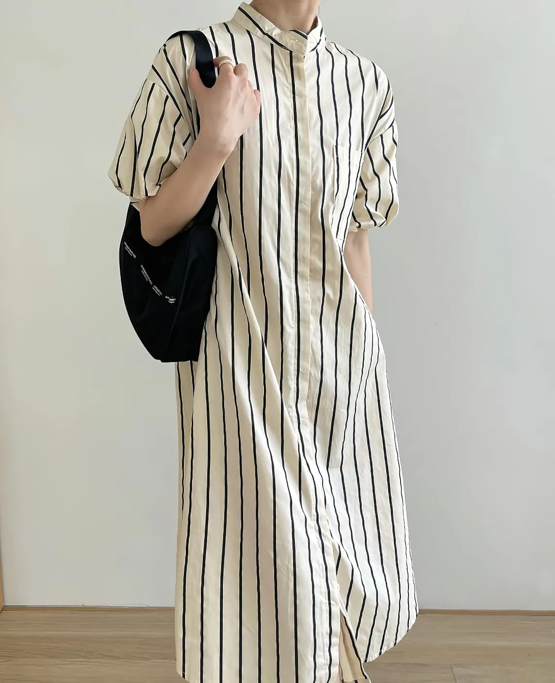 chouyatou Women Summer Puff Sleeve Cotton Dress Striped Printed Elegant Business Casual Midi Shirt Dress