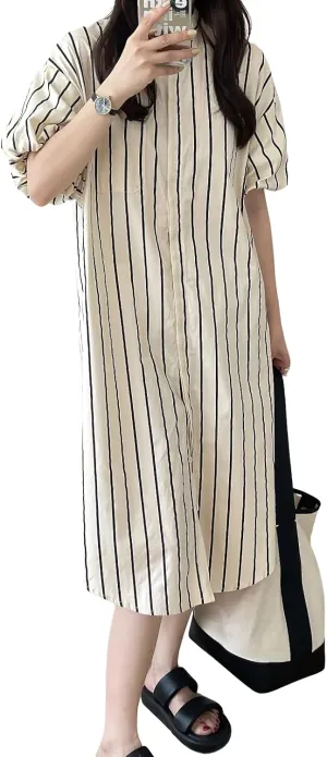 chouyatou Women Summer Puff Sleeve Cotton Dress Striped Printed Elegant Business Casual Midi Shirt Dress