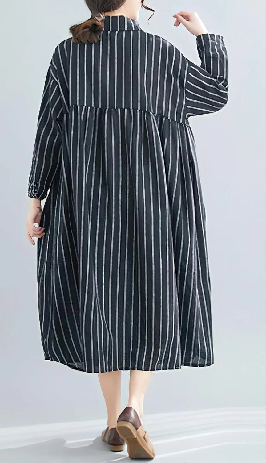 chouyatou Women's Cotton Linen Shirt Dress Striped Button Down Lapel Collared Shift Midi Dress with Pockets