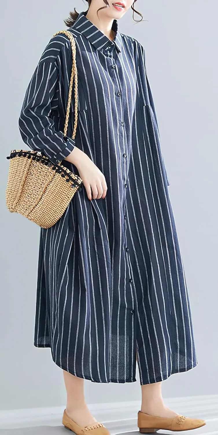 chouyatou Women's Cotton Linen Shirt Dress Striped Button Down Lapel Collared Shift Midi Dress with Pockets