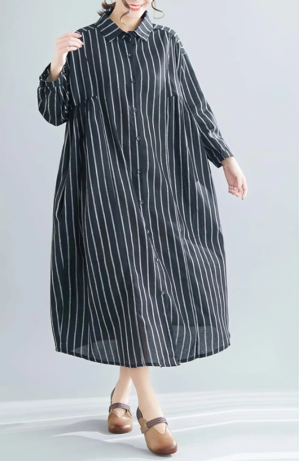 chouyatou Women's Cotton Linen Shirt Dress Striped Button Down Lapel Collared Shift Midi Dress with Pockets