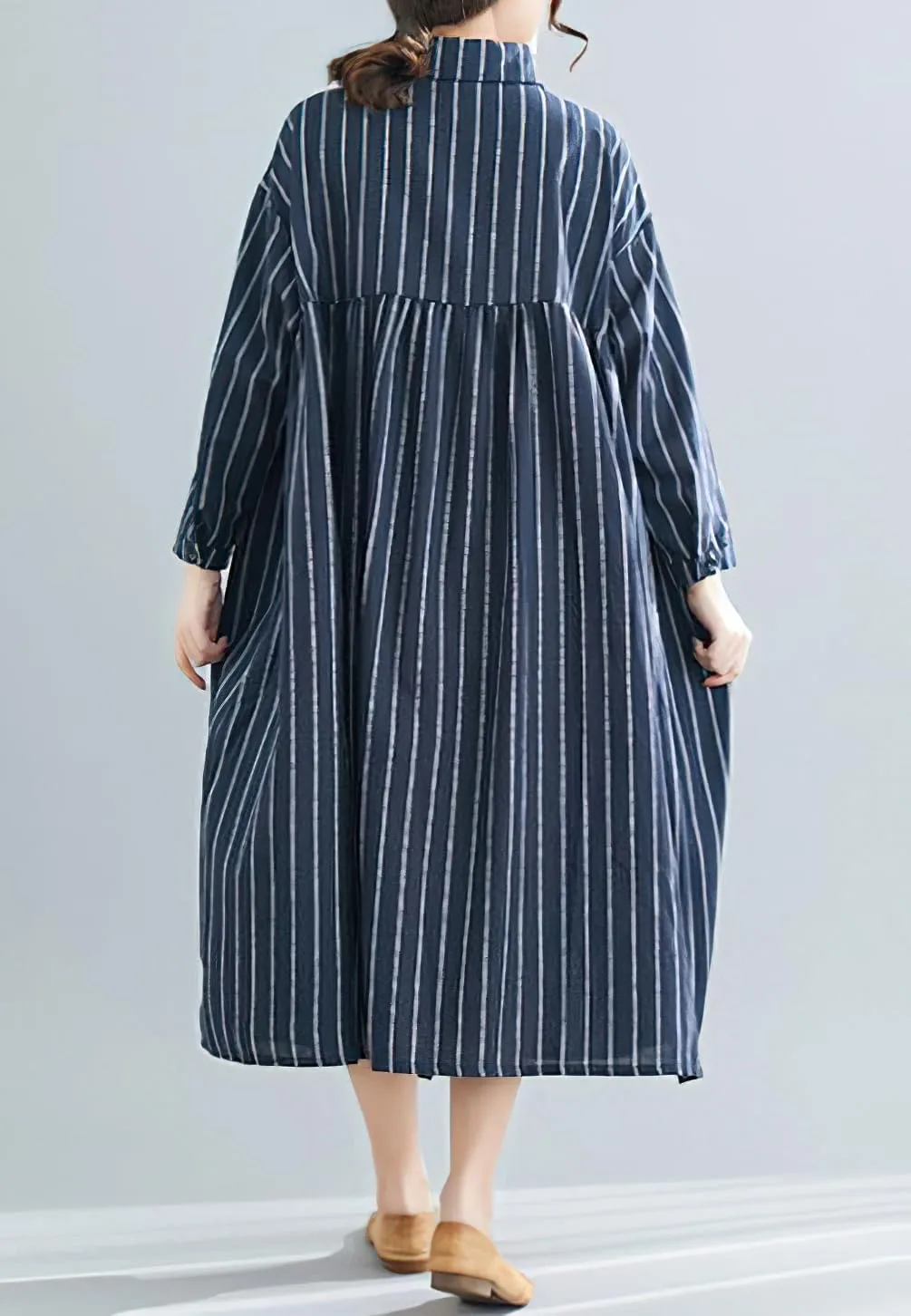chouyatou Women's Cotton Linen Shirt Dress Striped Button Down Lapel Collared Shift Midi Dress with Pockets