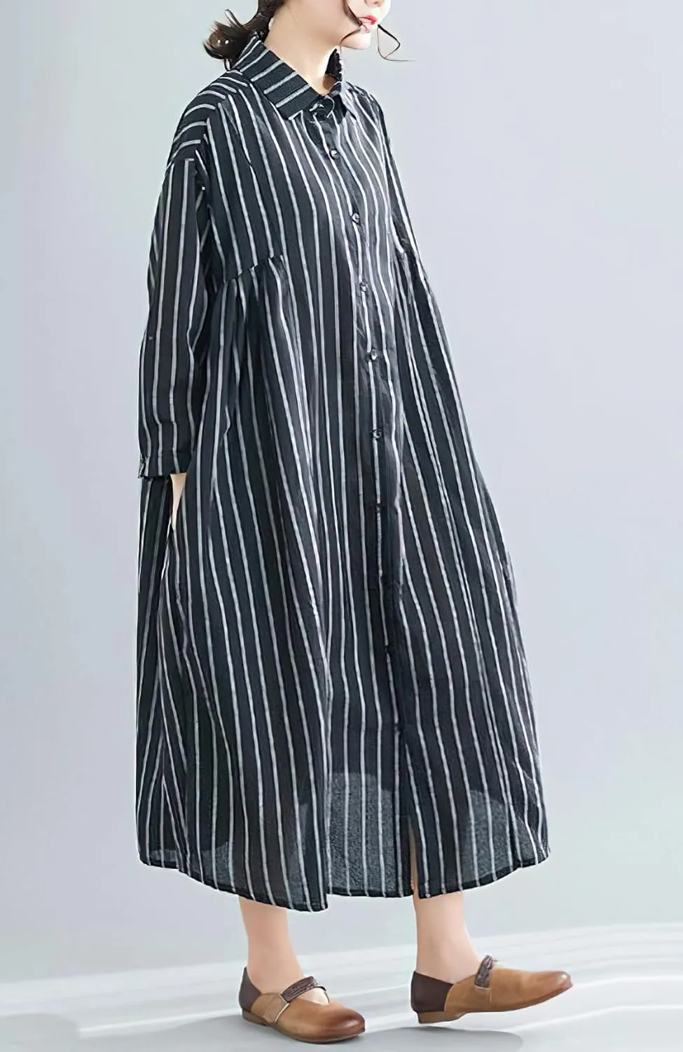chouyatou Women's Cotton Linen Shirt Dress Striped Button Down Lapel Collared Shift Midi Dress with Pockets