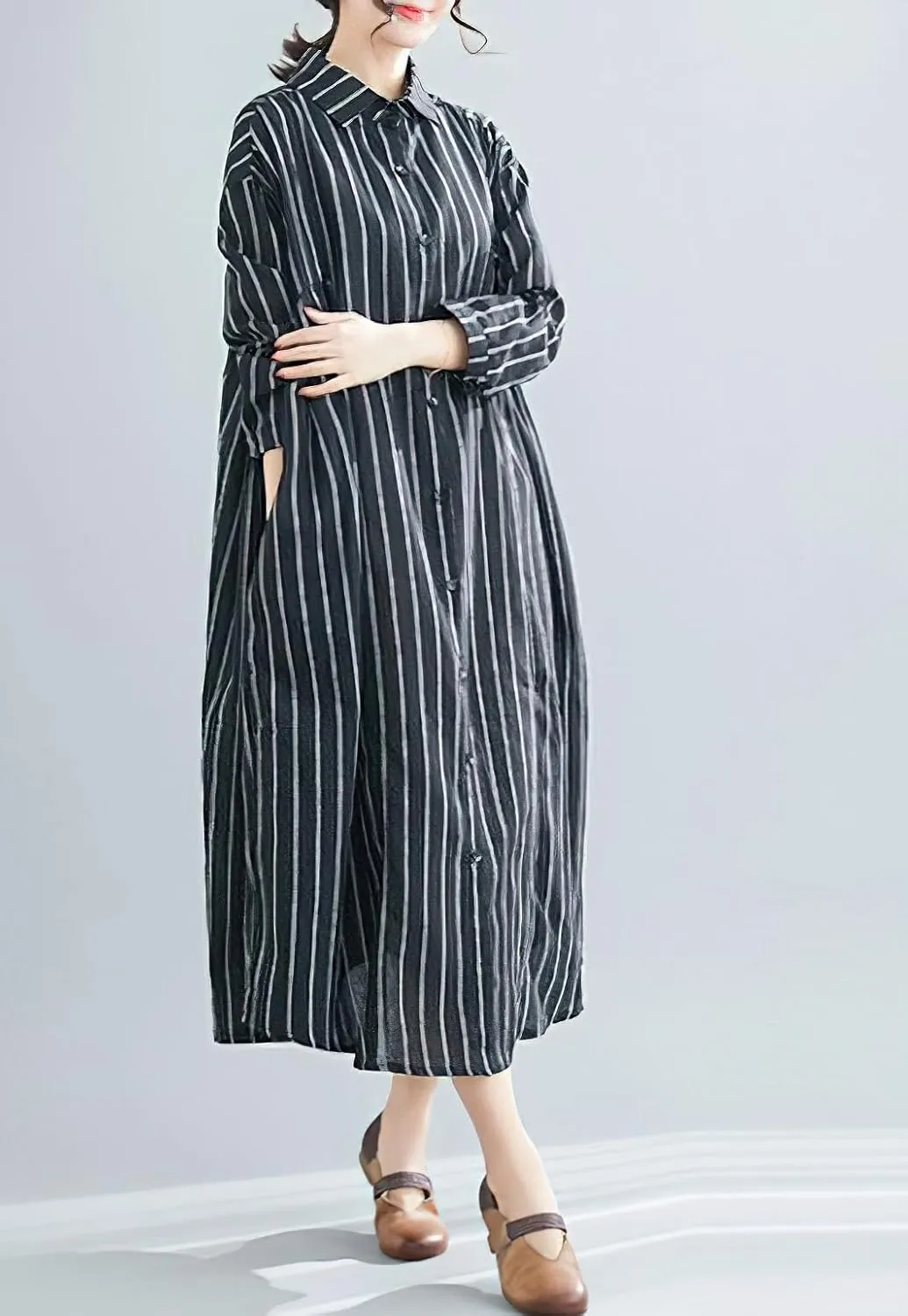 chouyatou Women's Cotton Linen Shirt Dress Striped Button Down Lapel Collared Shift Midi Dress with Pockets
