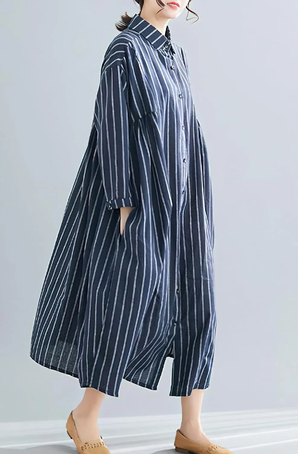 chouyatou Women's Cotton Linen Shirt Dress Striped Button Down Lapel Collared Shift Midi Dress with Pockets