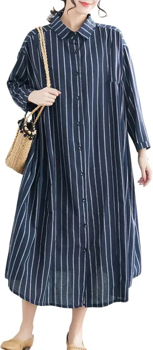 chouyatou Women's Cotton Linen Shirt Dress Striped Button Down Lapel Collared Shift Midi Dress with Pockets