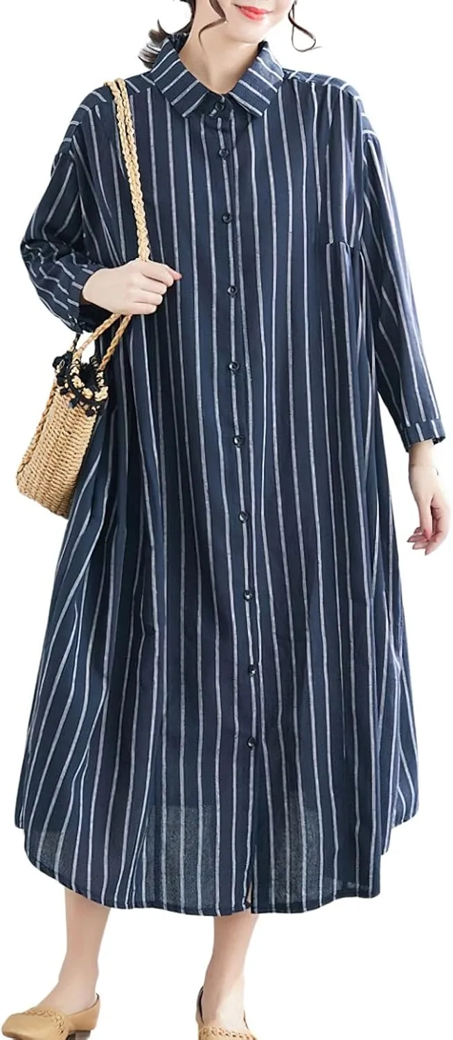 chouyatou Women's Cotton Linen Shirt Dress Striped Button Down Lapel Collared Shift Midi Dress with Pockets