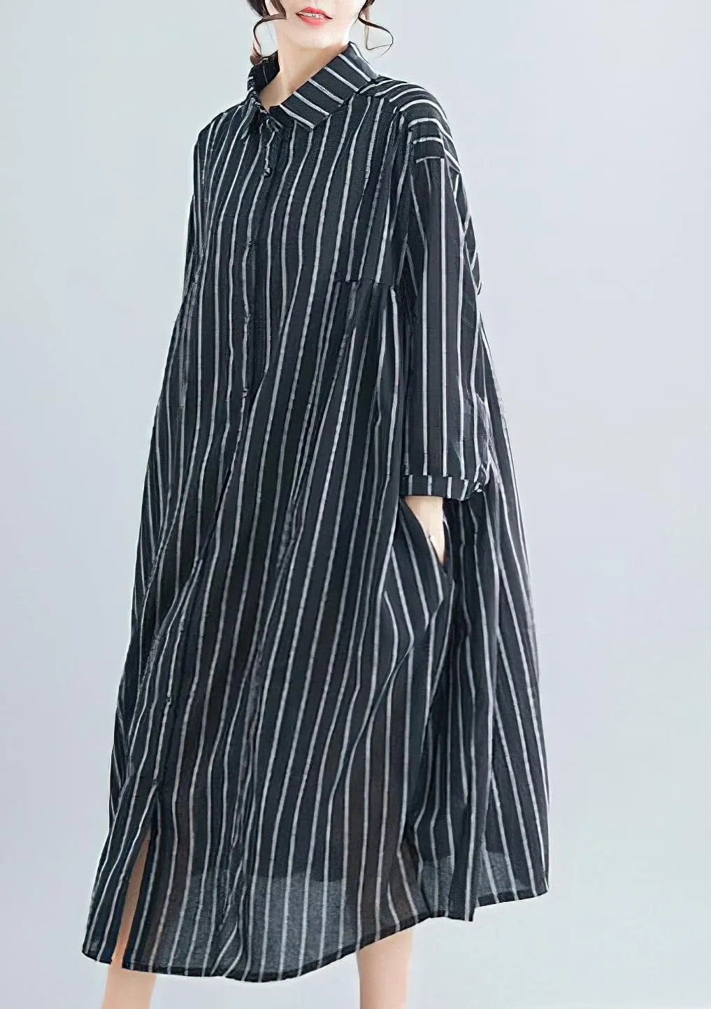 chouyatou Women's Cotton Linen Shirt Dress Striped Button Down Lapel Collared Shift Midi Dress with Pockets