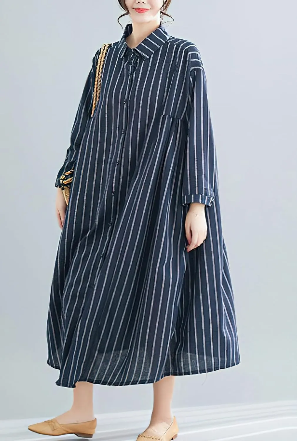 chouyatou Women's Cotton Linen Shirt Dress Striped Button Down Lapel Collared Shift Midi Dress with Pockets