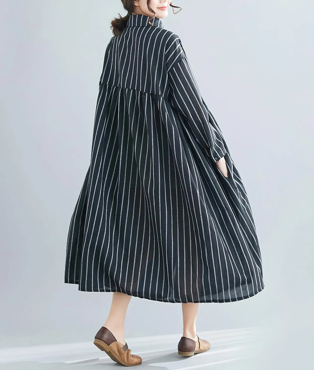 chouyatou Women's Cotton Linen Shirt Dress Striped Button Down Lapel Collared Shift Midi Dress with Pockets