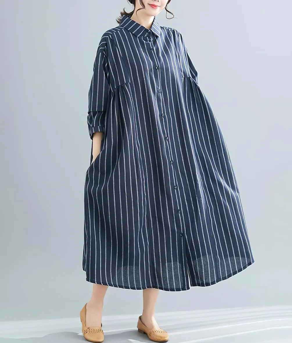 chouyatou Women's Cotton Linen Shirt Dress Striped Button Down Lapel Collared Shift Midi Dress with Pockets