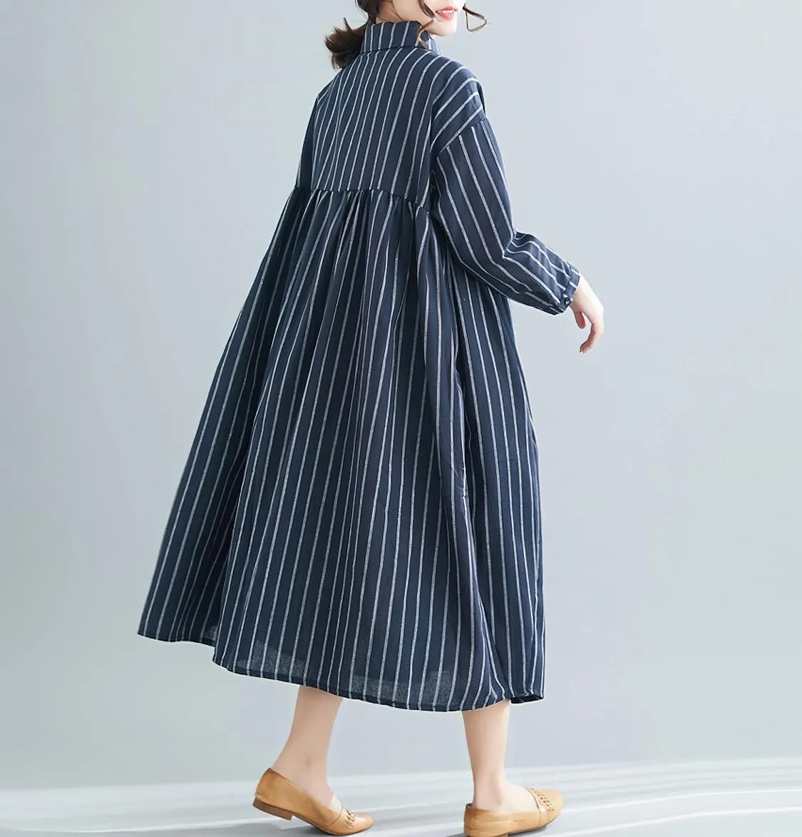chouyatou Women's Cotton Linen Shirt Dress Striped Button Down Lapel Collared Shift Midi Dress with Pockets