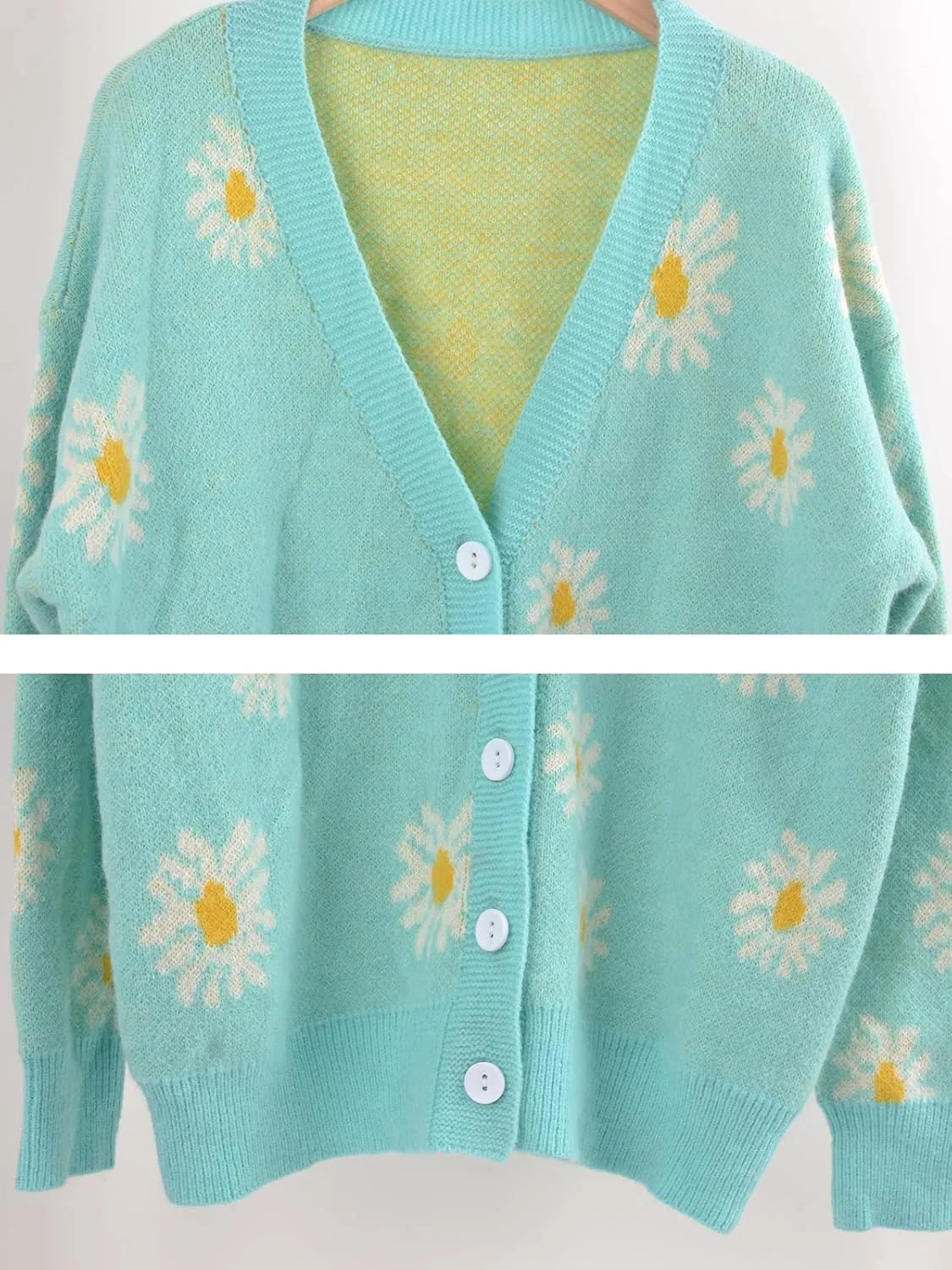 chouyatou Women's Cute Daisy Printed Cardigan Button Down Jacquard Knit Sweater Tops