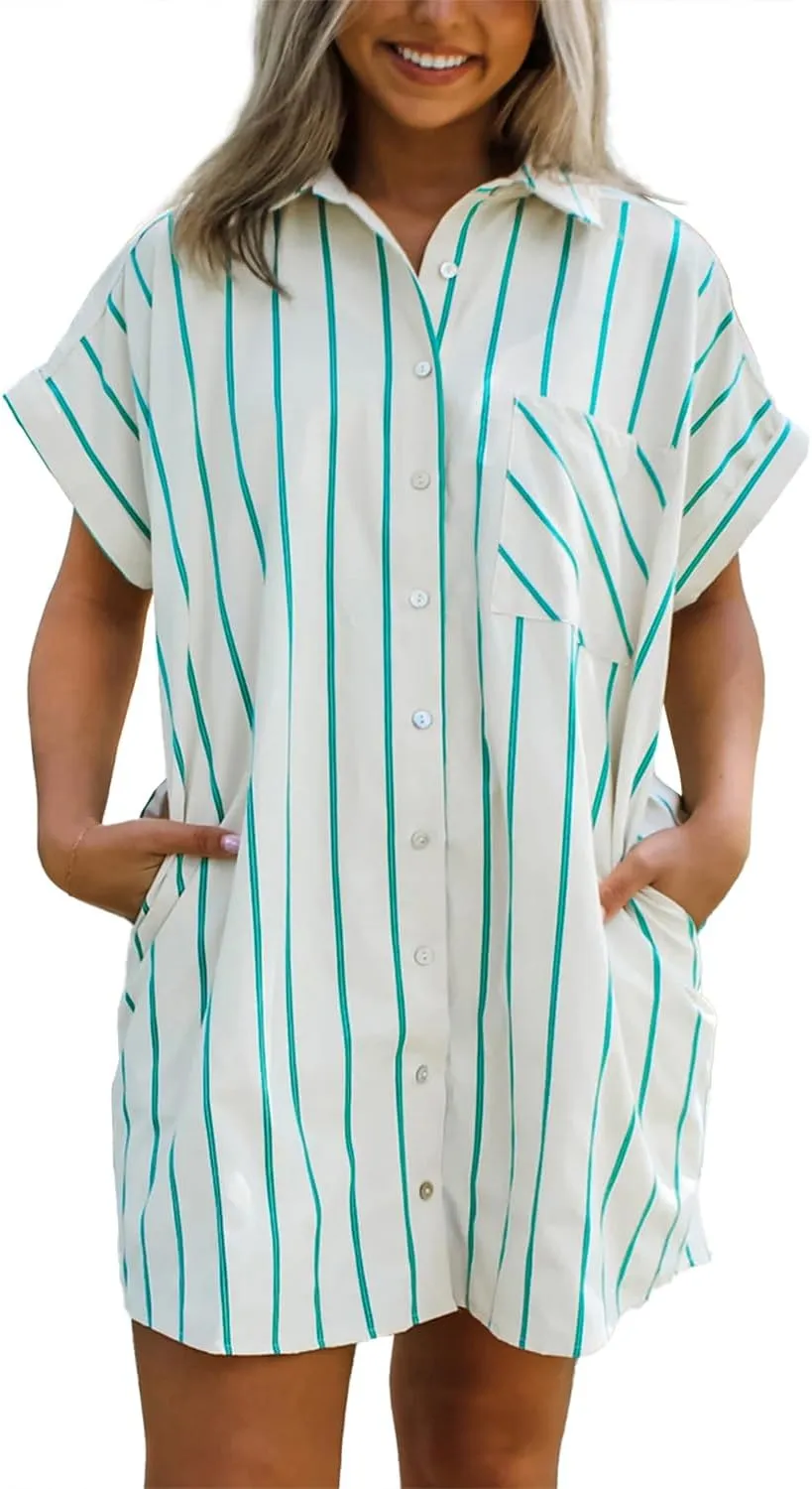 chouyatou Womens Summer Short Sleeve Cotton Shirt Dress Loose Notch Lapel Striped Midi Dress with Pockets