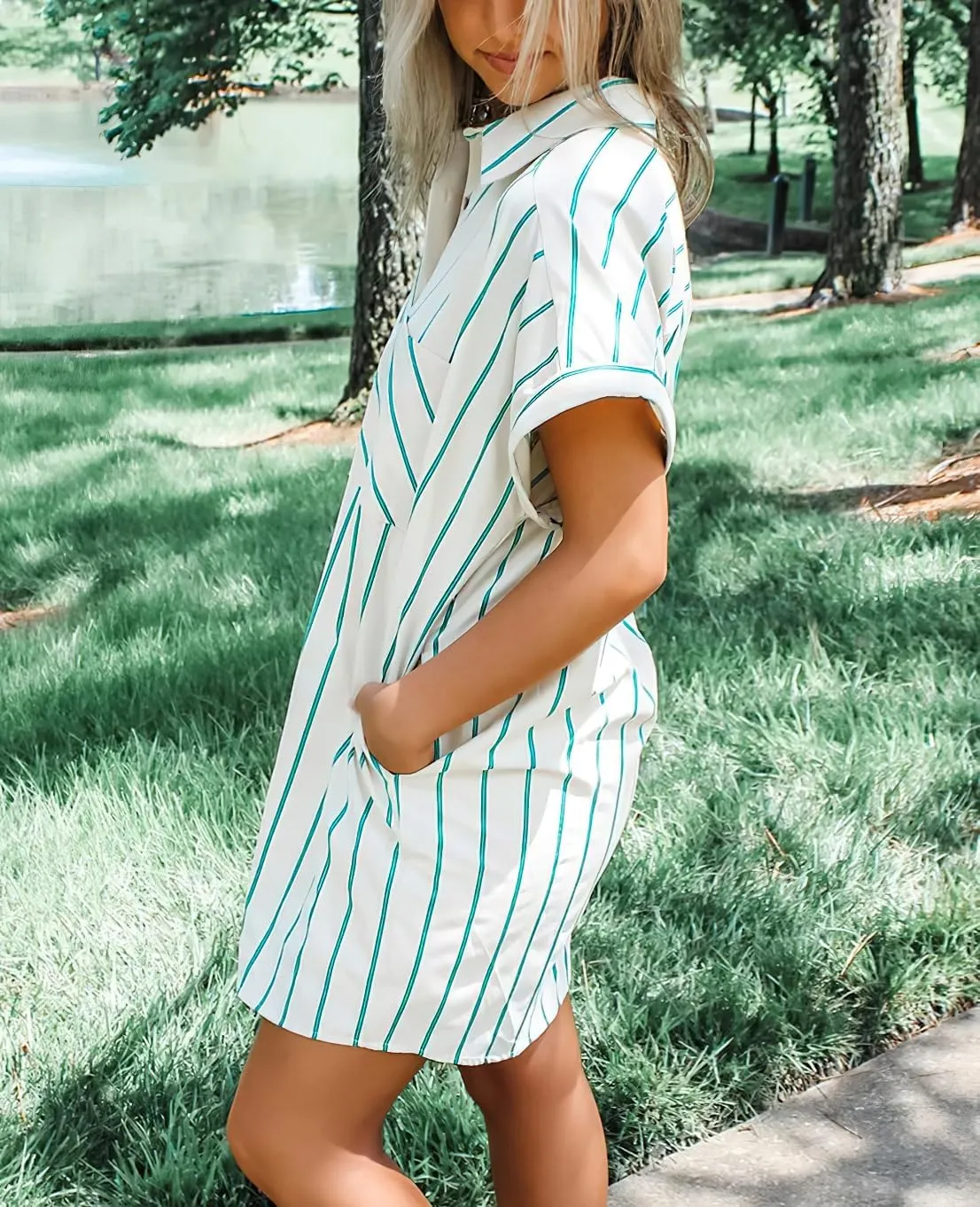 chouyatou Womens Summer Short Sleeve Cotton Shirt Dress Loose Notch Lapel Striped Midi Dress with Pockets