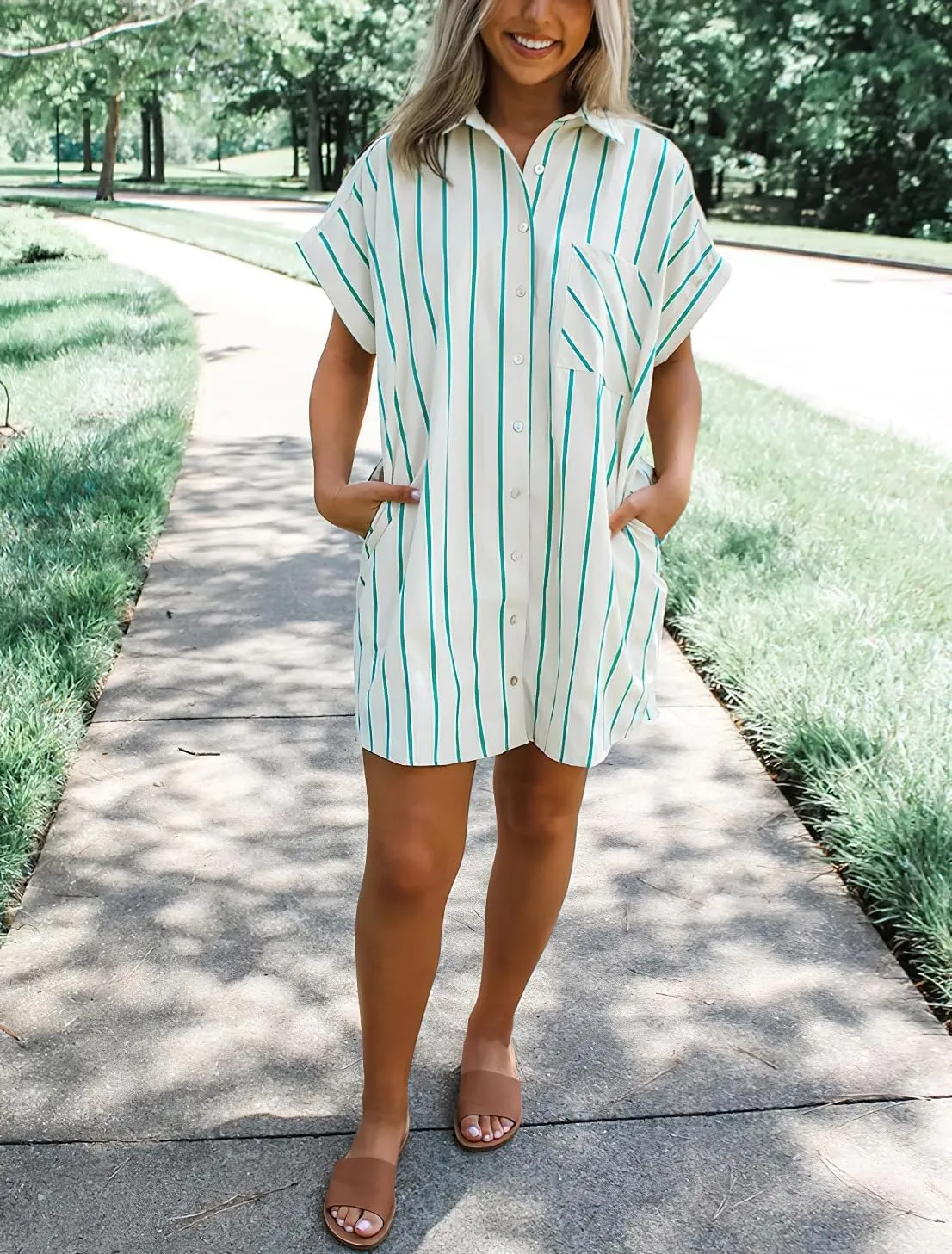 chouyatou Womens Summer Short Sleeve Cotton Shirt Dress Loose Notch Lapel Striped Midi Dress with Pockets