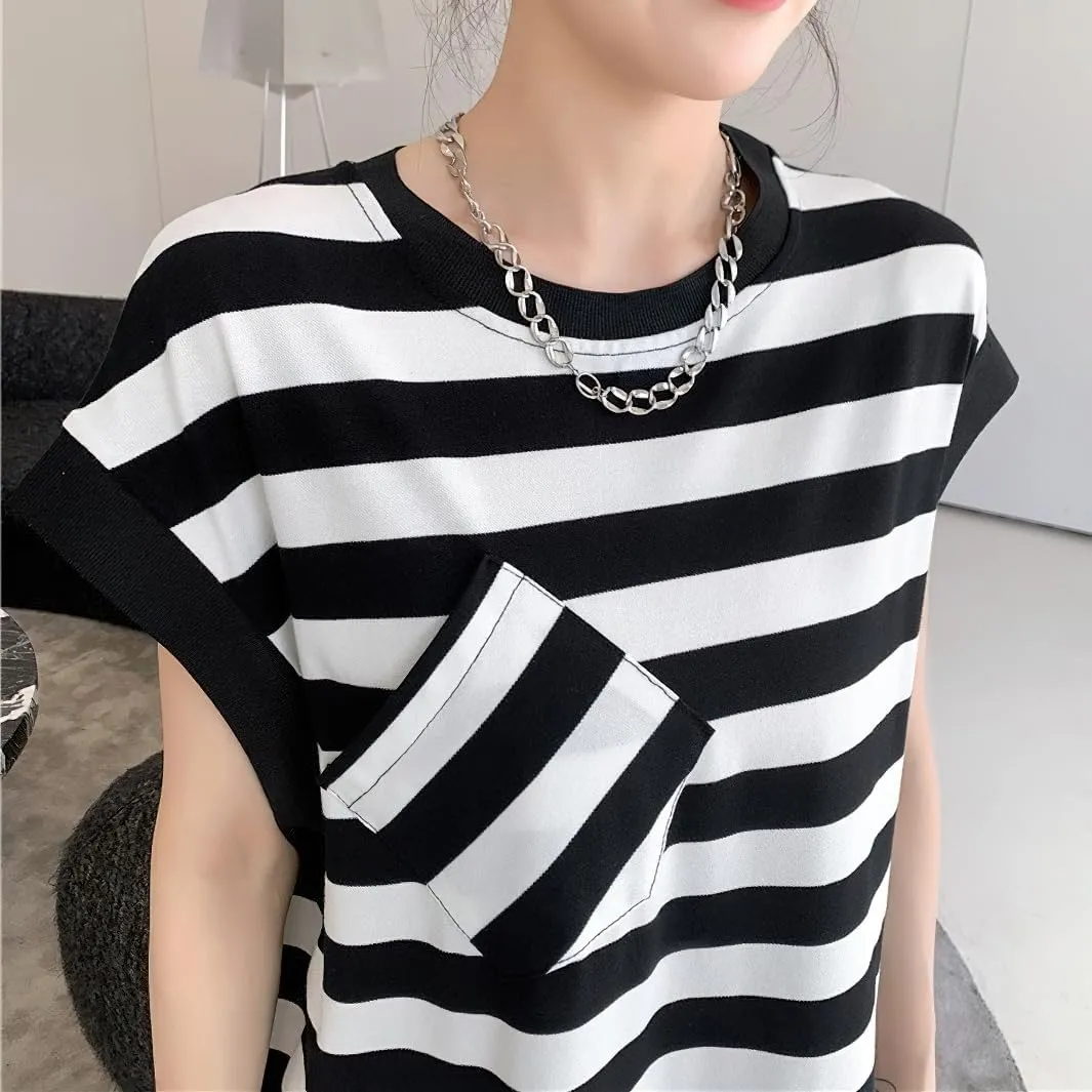 chouyatou Women's Summer Striped Printed Cotton Tank Dress Casual Loose Fit Shift Midi Dress with Split