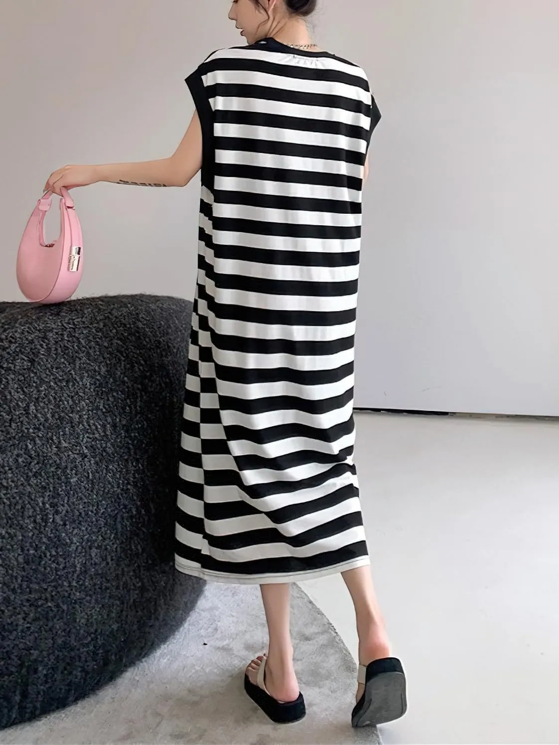 chouyatou Women's Summer Striped Printed Cotton Tank Dress Casual Loose Fit Shift Midi Dress with Split