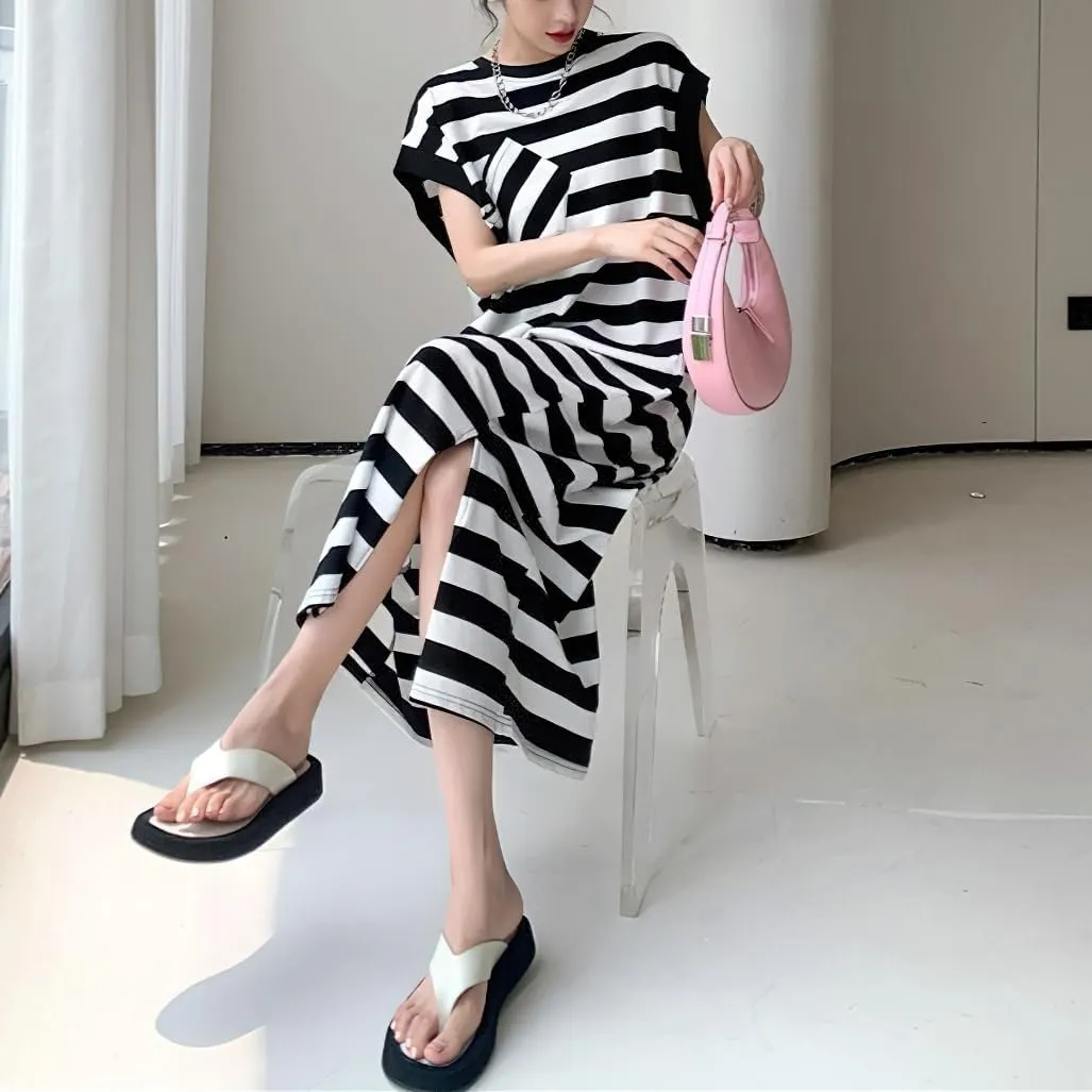 chouyatou Women's Summer Striped Printed Cotton Tank Dress Casual Loose Fit Shift Midi Dress with Split