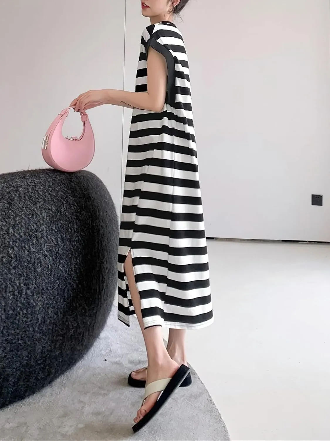 chouyatou Women's Summer Striped Printed Cotton Tank Dress Casual Loose Fit Shift Midi Dress with Split