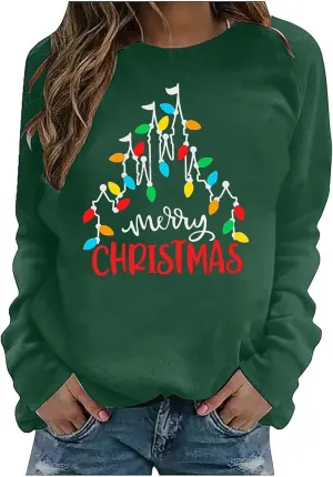 Christmas Sweatshirt Women Funny Merry Christmas Lights Sweatshirt Castle Graphic Xmas Lightweight Pullover Tops