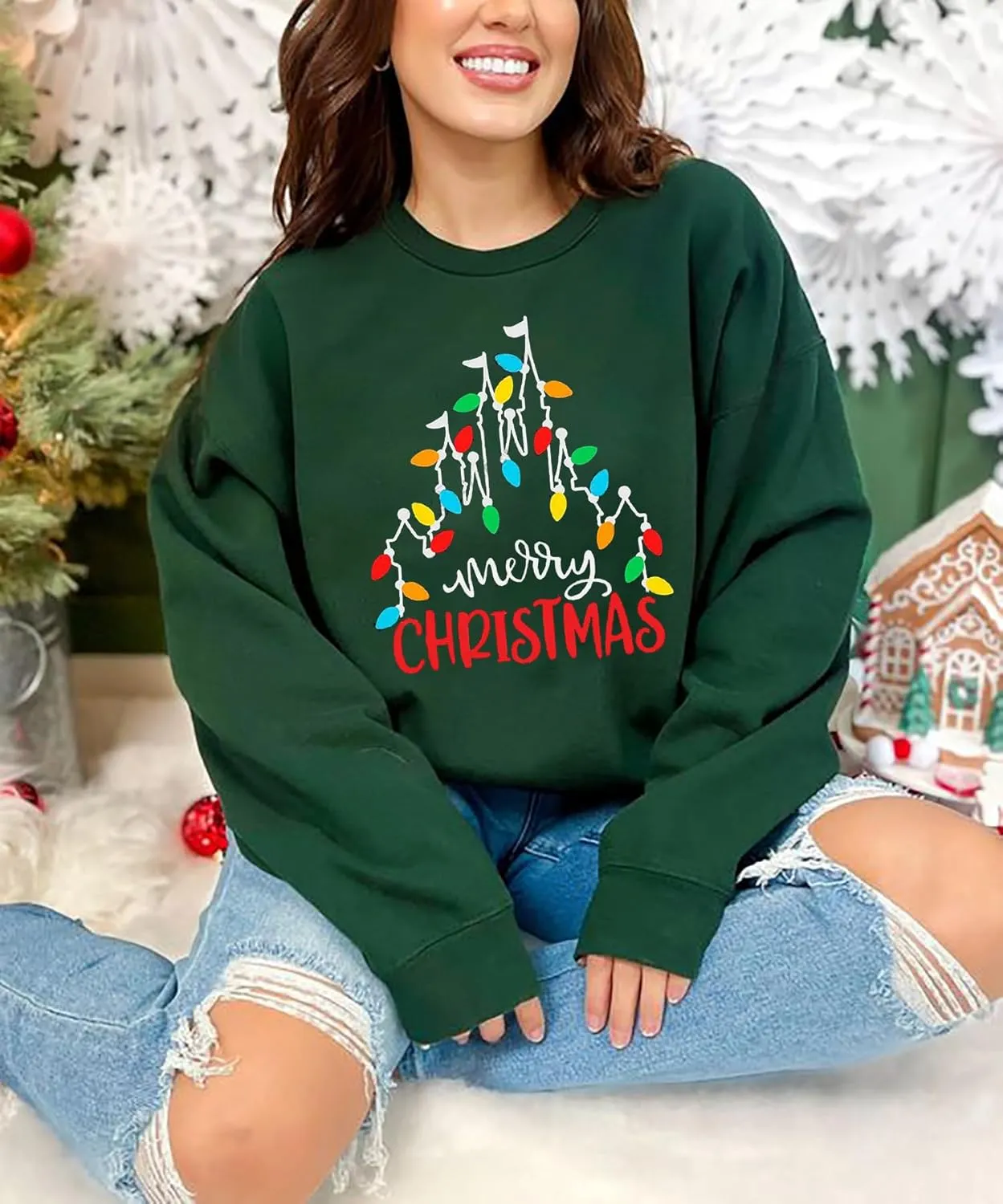 Christmas Sweatshirt Women Funny Merry Christmas Lights Sweatshirt Castle Graphic Xmas Lightweight Pullover Tops