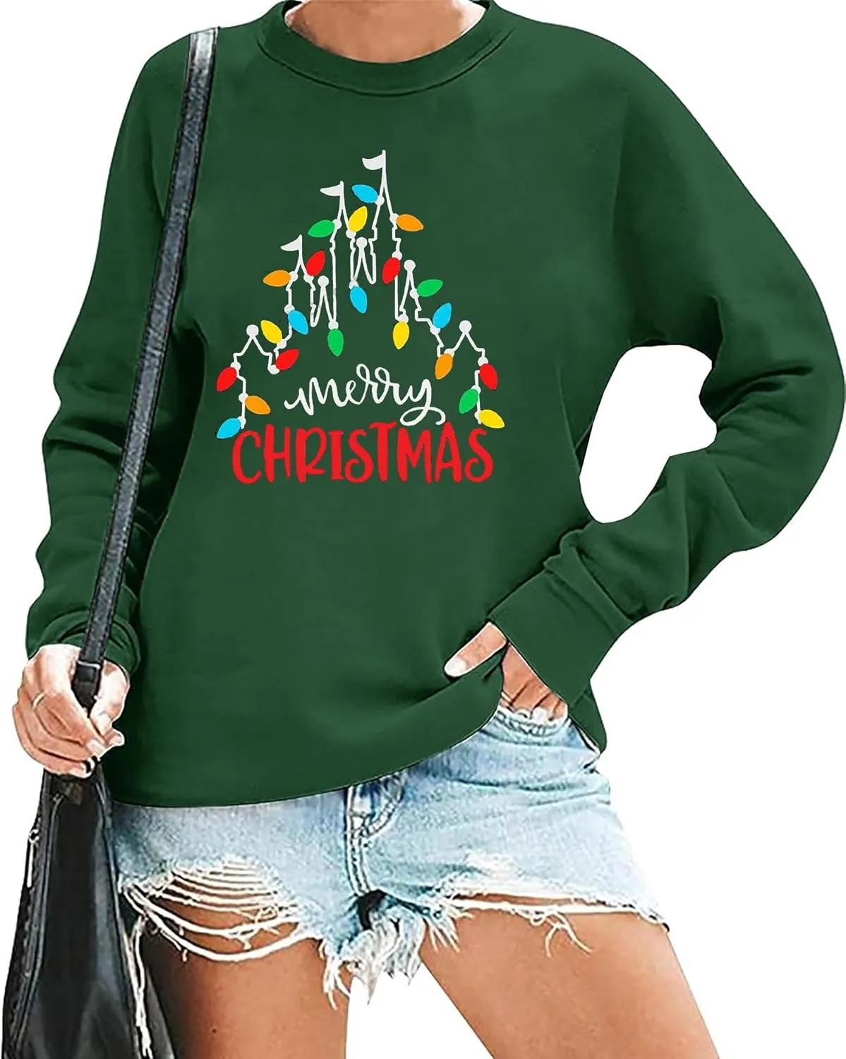 Christmas Sweatshirt Women Funny Merry Christmas Lights Sweatshirt Castle Graphic Xmas Lightweight Pullover Tops