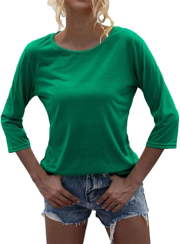 Danedvi Women Fashion O-Neck 3/4 Sleeve T Shirt Solid Casual Basic Tops