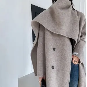 Double-breasted Solid Double-sided Woolen  Shawl Scarf Collar Coat