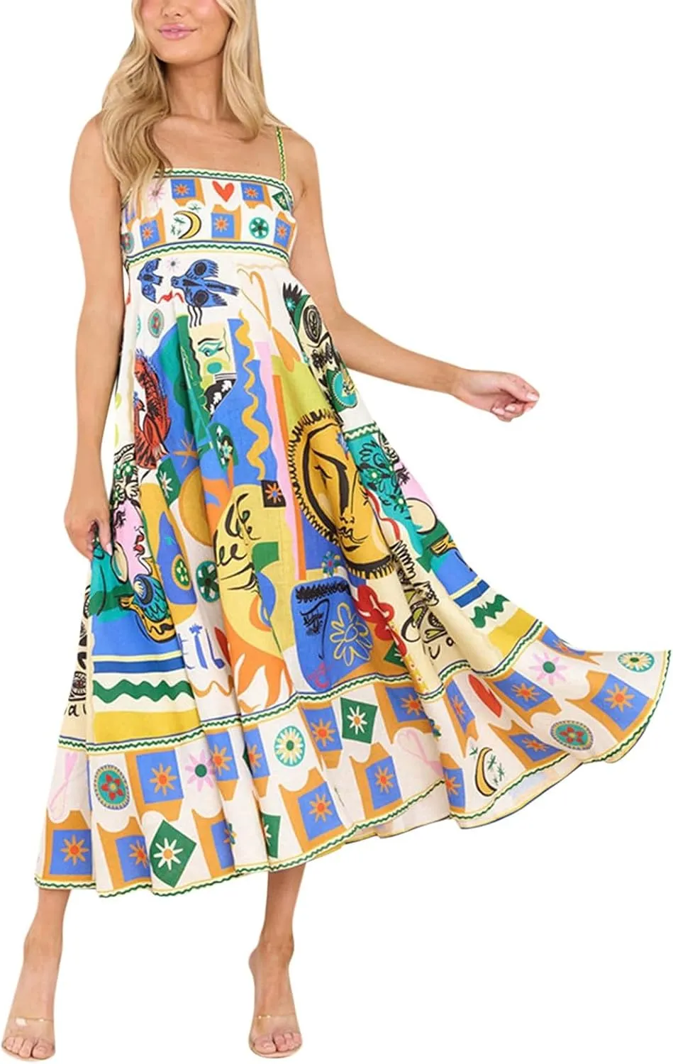 Dresses for Women Cute Print Maxi Cami Dress Loose Sleeveless Spaghetti Strap Boho Dress Vacation Beach Dresses