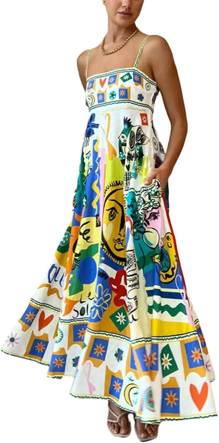Dresses for Women Cute Print Maxi Cami Dress Loose Sleeveless Spaghetti Strap Boho Dress Vacation Beach Dresses