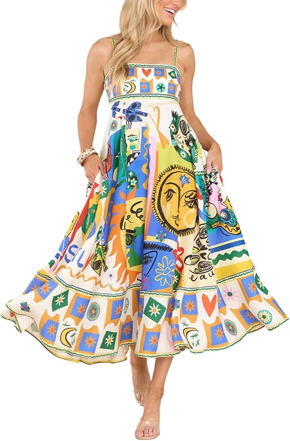 Dresses for Women Cute Print Maxi Cami Dress Loose Sleeveless Spaghetti Strap Boho Dress Vacation Beach Dresses